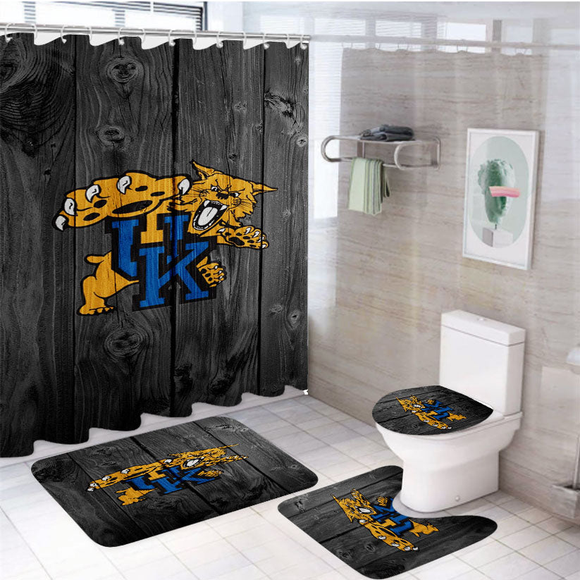 Kentucky Wildcats University Logo Dark Wood Wallpaper 4Pcs Bathroom Set Shower Curtain