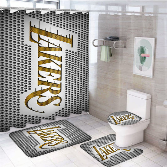Lakers Gold Texture Basket Balls Nba 4Pcs Bathroom Set Shower Curtain