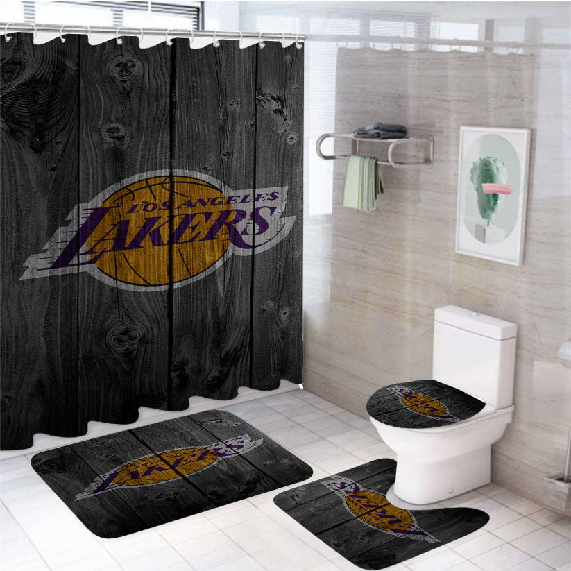 Los Angeles Lakers Nba Logo Dark Wood Wallpaper 4Pcs Bathroom Set Shower Curtain