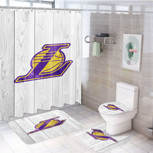 Los Angeles Lakers Nba Logo White Wood Wallpaper 2 4Pcs Bathroom Set Shower Curtain