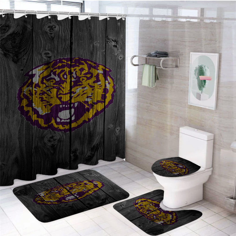 Lsu Tiger Purple Logo Dark Wood Wallpaper 4Pcs Bathroom Set Shower Curtain