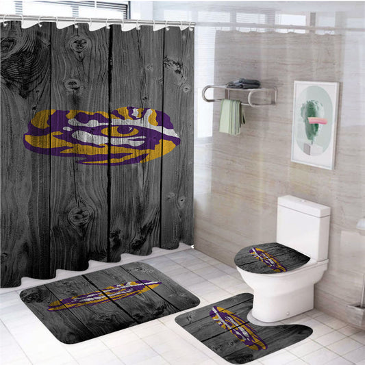 Lsu Tigers Nfl Eye Of The Tiger Logo Dark Wood Wallpaper 4Pcs Bathroom Set Shower Curtain