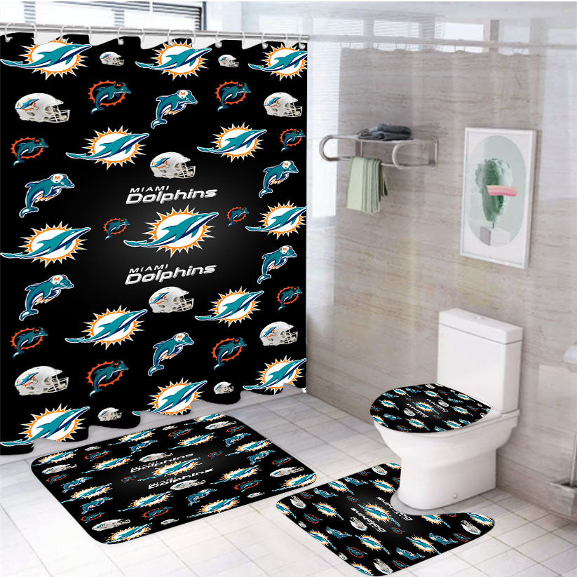 Miami Dolphins Logo Pattern 4Pcs Bathroom Set Shower Curtain