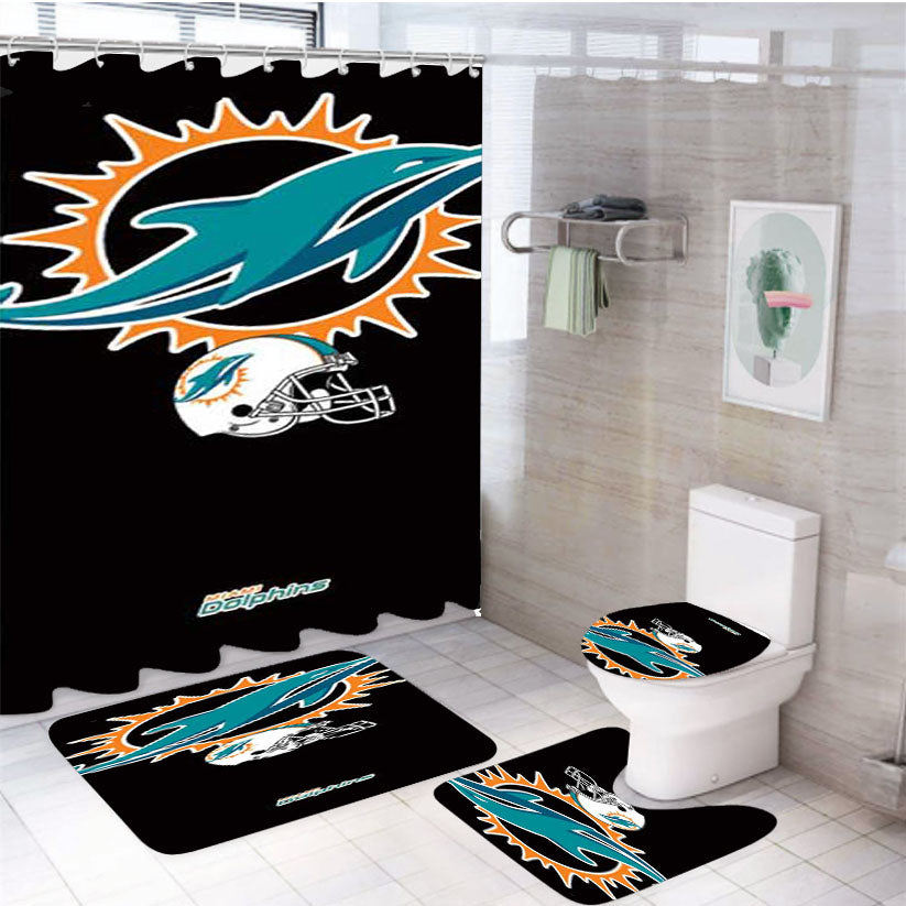Miami Dolphins Logos On Blk 4Pcs Bathroom Set Shower Curtain