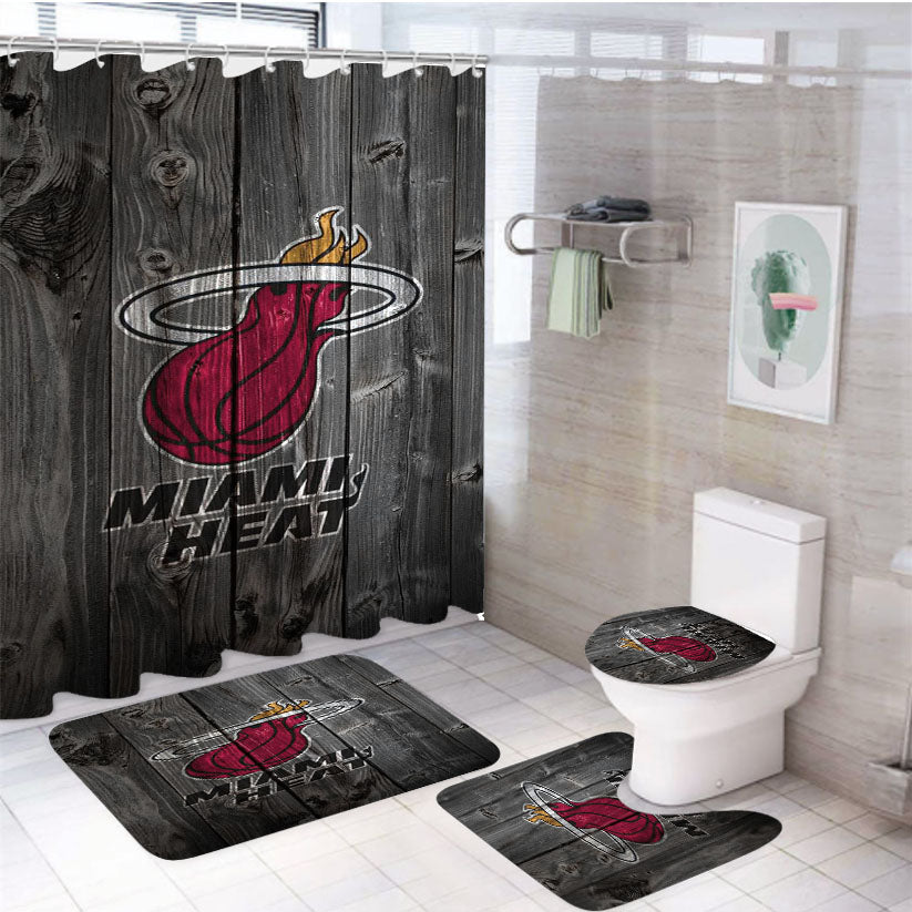 Miami Heat Nba Logo Dark Wood Wallpaper 4Pcs Bathroom Set Shower Curtain