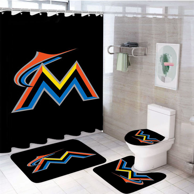 Miami Marlins Baseball Logo Black 4Pcs Bathroom Set Shower Curtain
