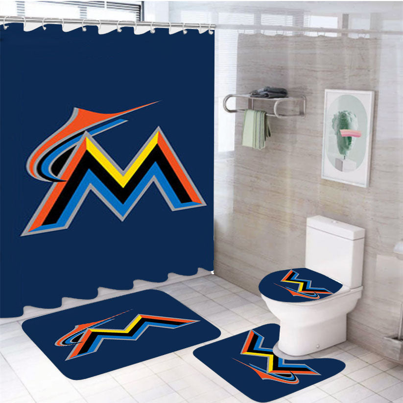 Miami Marlins Baseball Logo Blue 4Pcs Bathroom Set Shower Curtain
