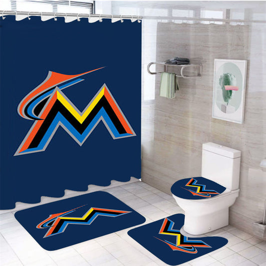 Miami Marlins Baseball Logo Blue 4Pcs Bathroom Set Shower Curtain