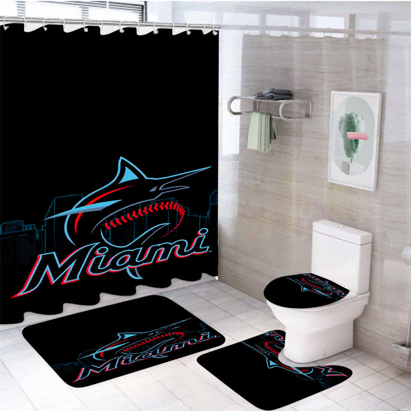 Miami Marlins Baseball Team Emblem 4Pcs Bathroom Set Shower Curtain