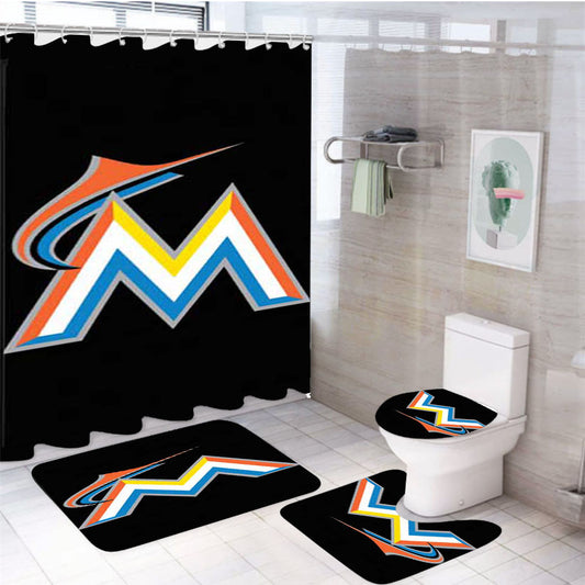 Miami Marlins Logo On Blk 4Pcs Bathroom Set Shower Curtain