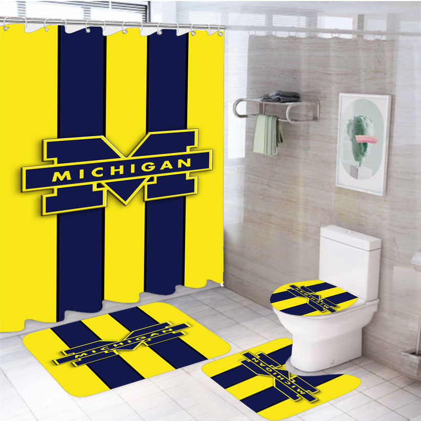 Michigan University Wolverines Stripe Logo 4Pcs Bathroom Set Shower Curtain