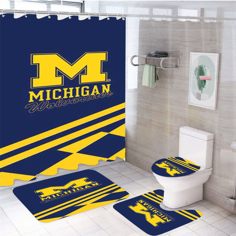 Michigan Wolverines Logo Blue Yellow 4Pcs Bathroom Set Shower Curtain