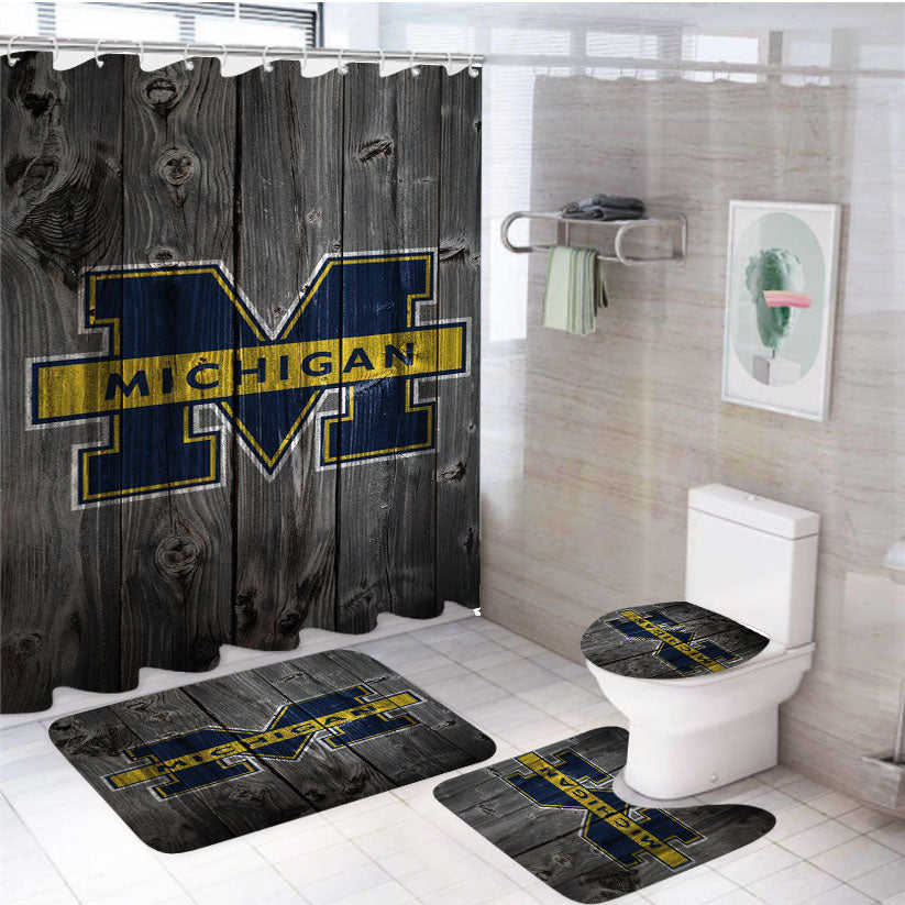 Michigan Wolverines University Logo Dark Wood Wallpaper 4Pcs Bathroom Set Shower Curtain