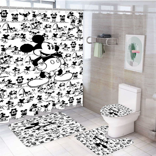Mickey Mouse Black White Cartoon Collage 4Pcs Bathroom Set Shower Curtain