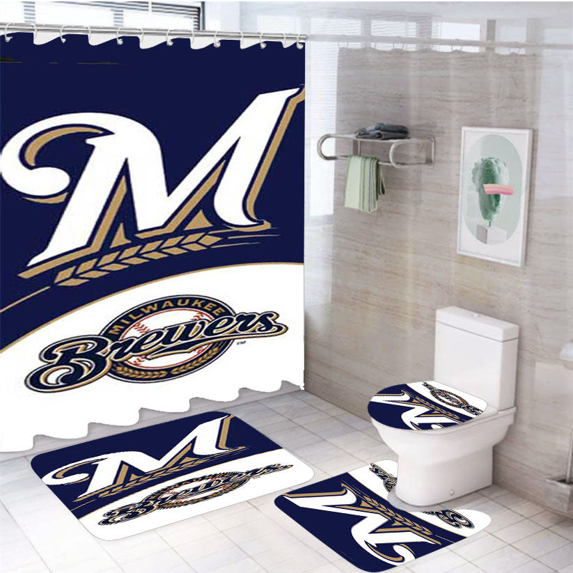 Milwaukee Brewers Blue Wht 4Pcs Bathroom Set Shower Curtain