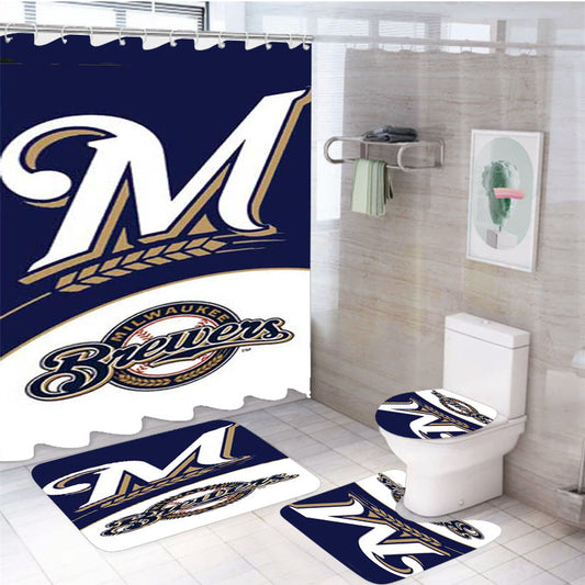 Milwaukee Brewers Blue Wht 4Pcs Bathroom Set Shower Curtain