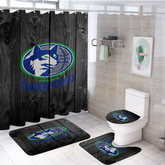 Minnesota Timberwolves Logo Dark Wood Wallpaper 4Pcs Bathroom Set Shower Curtain