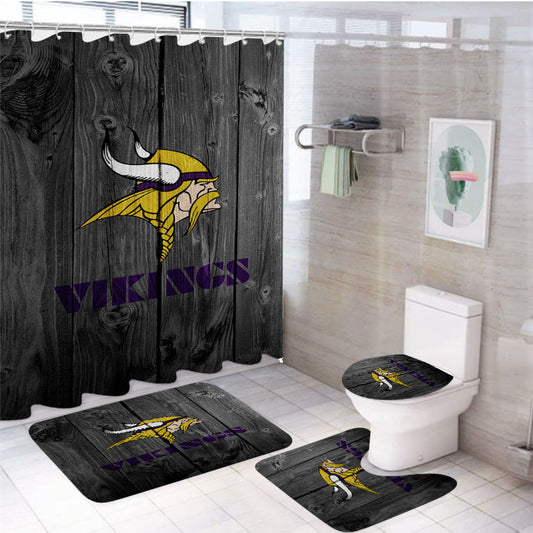 Minnesota Vikings Nfl Logo Dark Wood Wallpaper 4Pcs Bathroom Set Shower Curtain