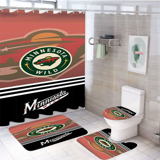 Minnesota Wild Logos Stripes Red Fade 4Pcs Bathroom Set Shower Curtain