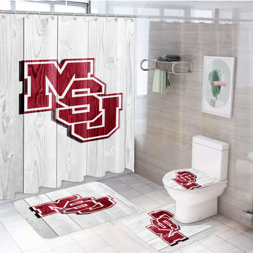 Mississippi State Cowbells University Logo White Wood Wallpaper 4Pcs Bathroom Set Shower Curtain