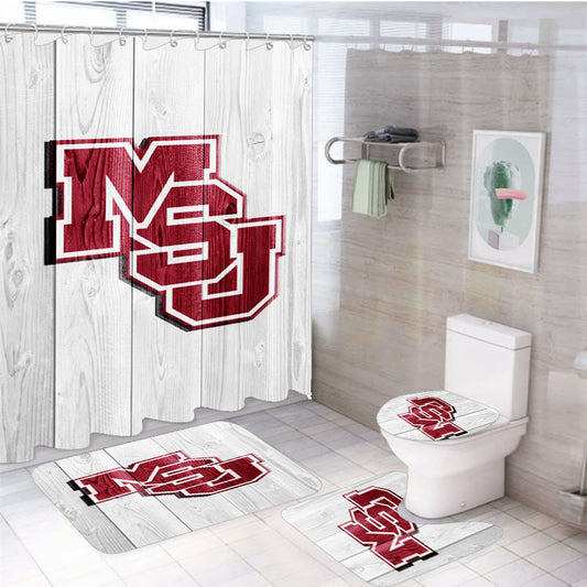 Mississippi State Cowbells University Logo White Wood Wallpaper 4Pcs Bathroom Set Shower Curtain