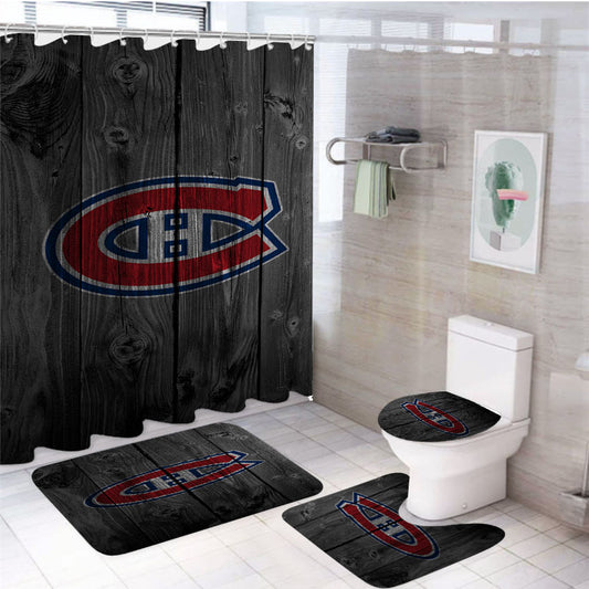 Montreal Canadiens Nhl Logo Dark Wood Wallpaper 4Pcs Bathroom Set Shower Curtain