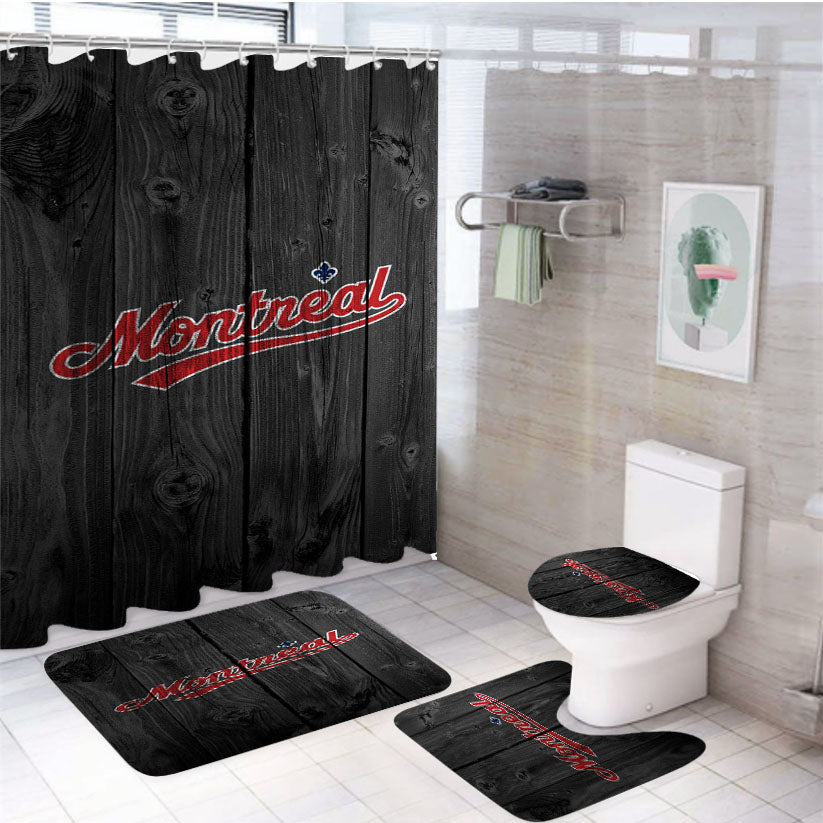 Montreal Mlb Logo Dark Wood Wallpaper 4Pcs Bathroom Set Shower Curtain