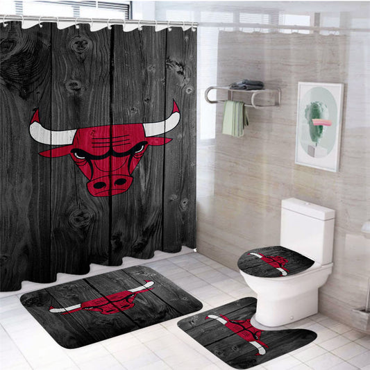 Nba Chicago Bulls Logo Dark Wood Wallpaper 4Pcs Bathroom Set Shower Curtain