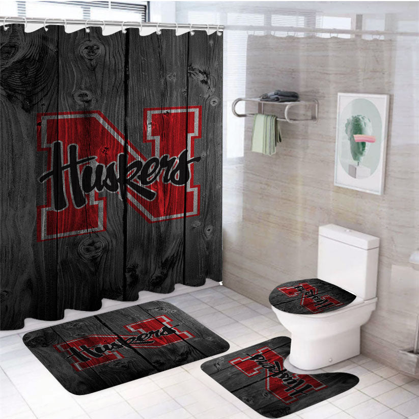 Nebraska Corn Huskers Nfl Logo Dark Wood Wallpaper 4Pcs Bathroom Set Shower Curtain