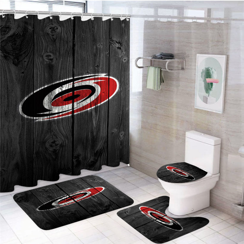 New Carolina Hurricanes Nhl Logo Dark Wood Wallpaper 4Pcs Bathroom Set Shower Curtain
