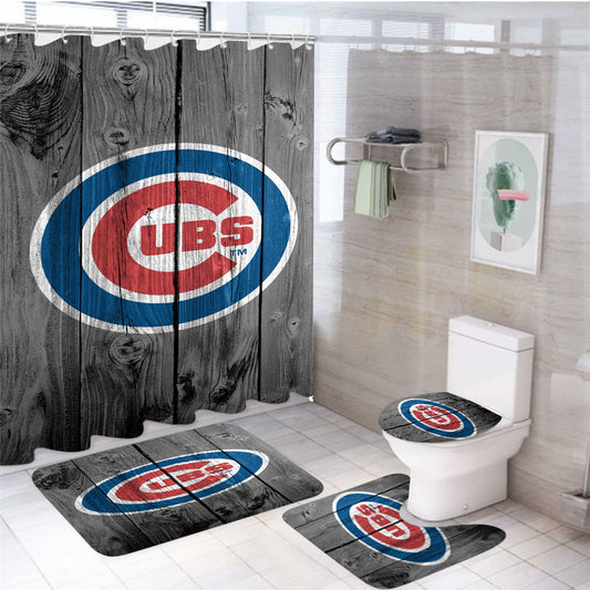 New Chicago Cubs Mlb Logo Dark Wood Wallpaper 4Pcs Bathroom Set Shower Curtain