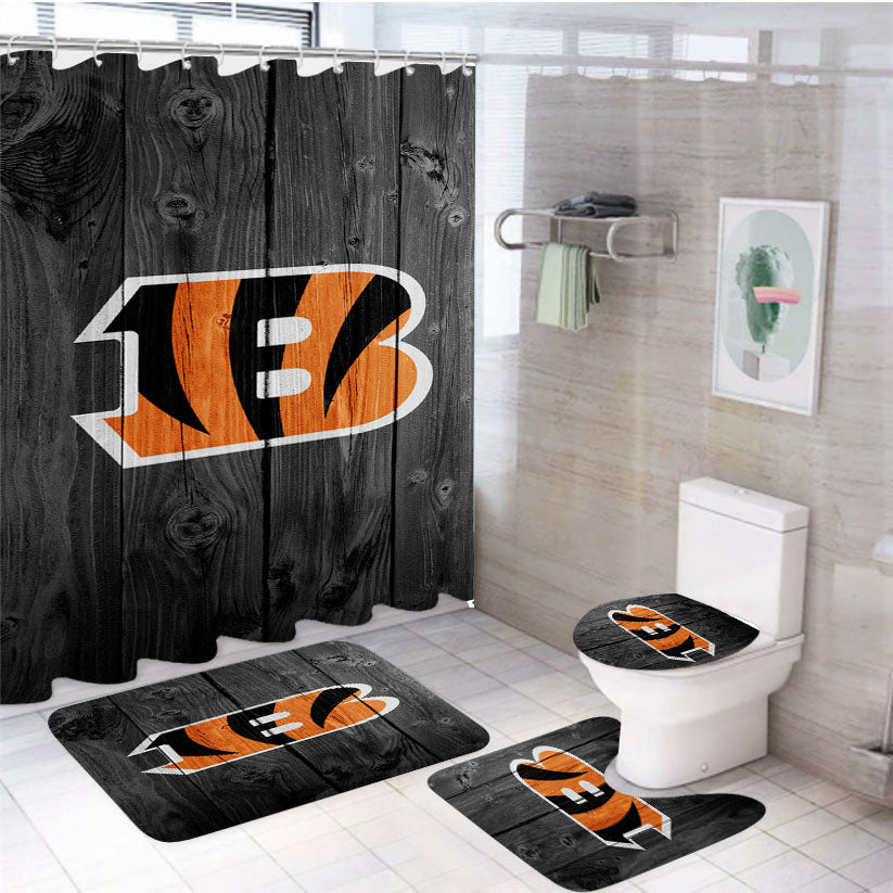 New Cincinnati Bengals Nfl Logo Dark Wood Wallpaper 4Pcs Bathroom Set Shower Curtain