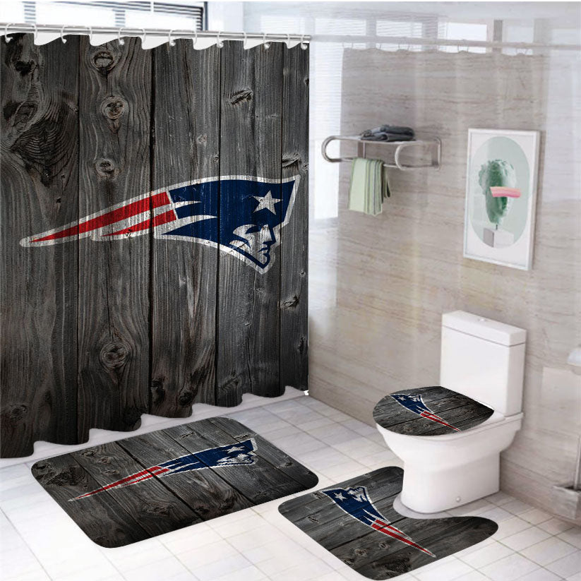 New England Patriots Nfl Logo Dark Wood Wallpaper 4Pcs Bathroom Set Shower Curtain