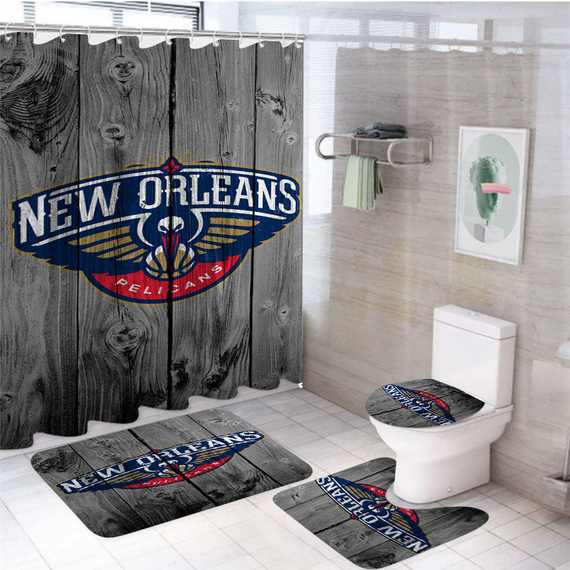 New Orleans Pelican Nba Logo Dark Wood Wallpaper 4Pcs Bathroom Set Shower Curtain