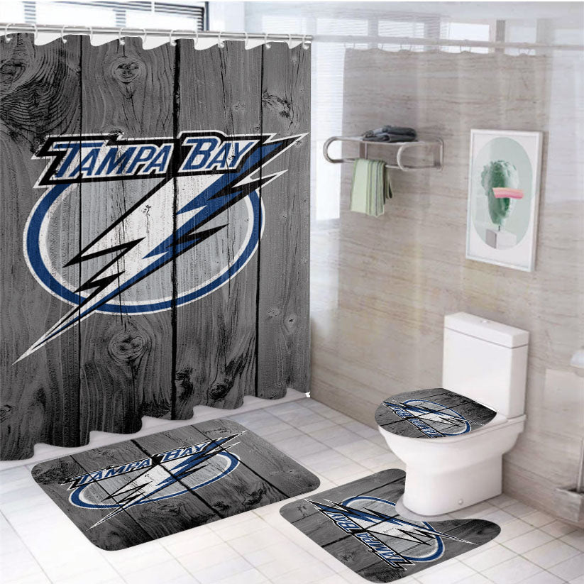 New Tampa Bay Lightning Nhl Logo Dark Wood Wallpaper 4Pcs Bathroom Set Shower Curtain