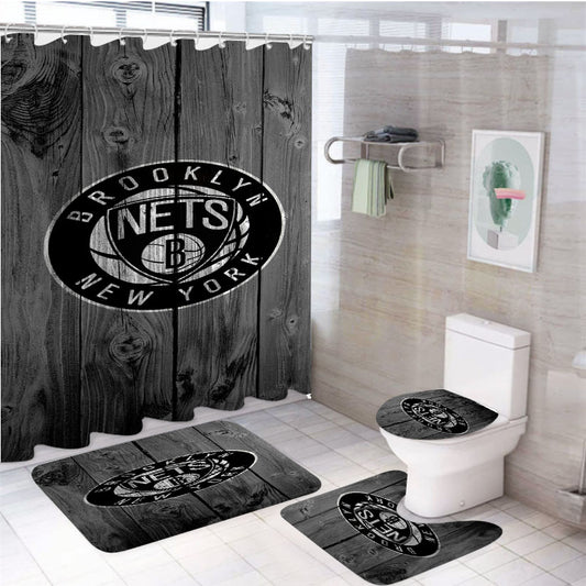 New York Brooklyn Nets Nba Logo Dark Wood Wallpaper 4Pcs Bathroom Set Shower Curtain