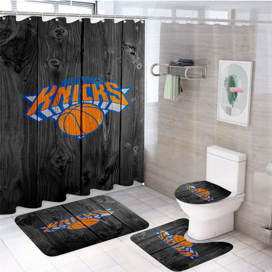 New York Knicks Nba Logo Dark Wood Wallpaper 4Pcs Bathroom Set Shower Curtain