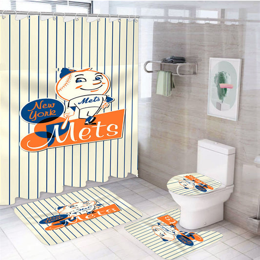 New York Mets Logo Baseball 4Pcs Bathroom Set Shower Curtain