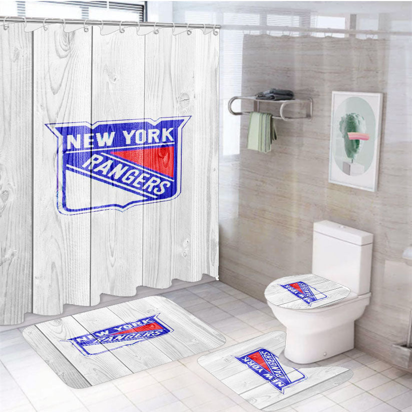 New York Rangers Nhl Logo White Wood Wallpaper 4Pcs Bathroom Set Shower Curtain