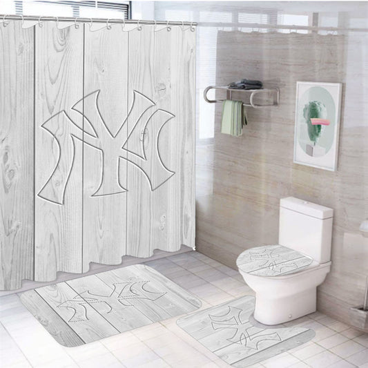 New York Yankees Embossed Logo Wood Wallpaper 4Pcs Bathroom Set Shower Curtain