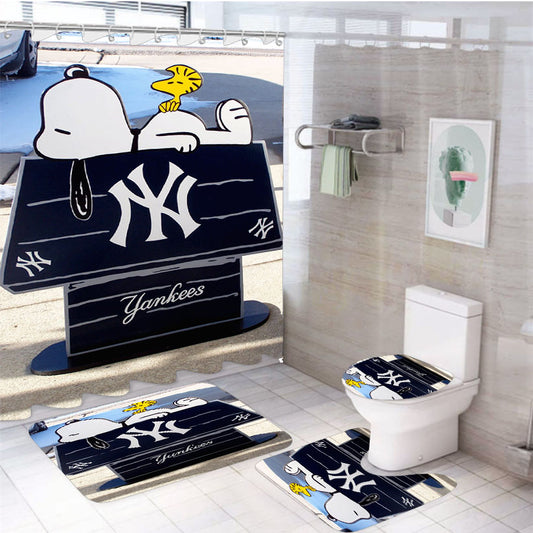 New York Yankees Logos And Uniforms Snoopy 4Pcs Bathroom Set Shower Curtain