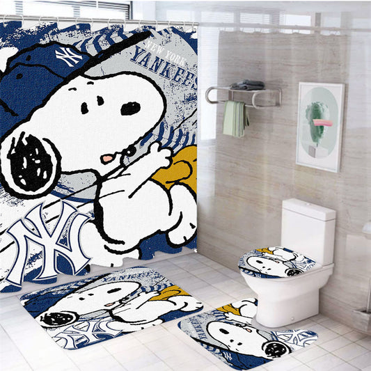 New York Yankees Snoopy 4Pcs Bathroom Set Shower Curtain