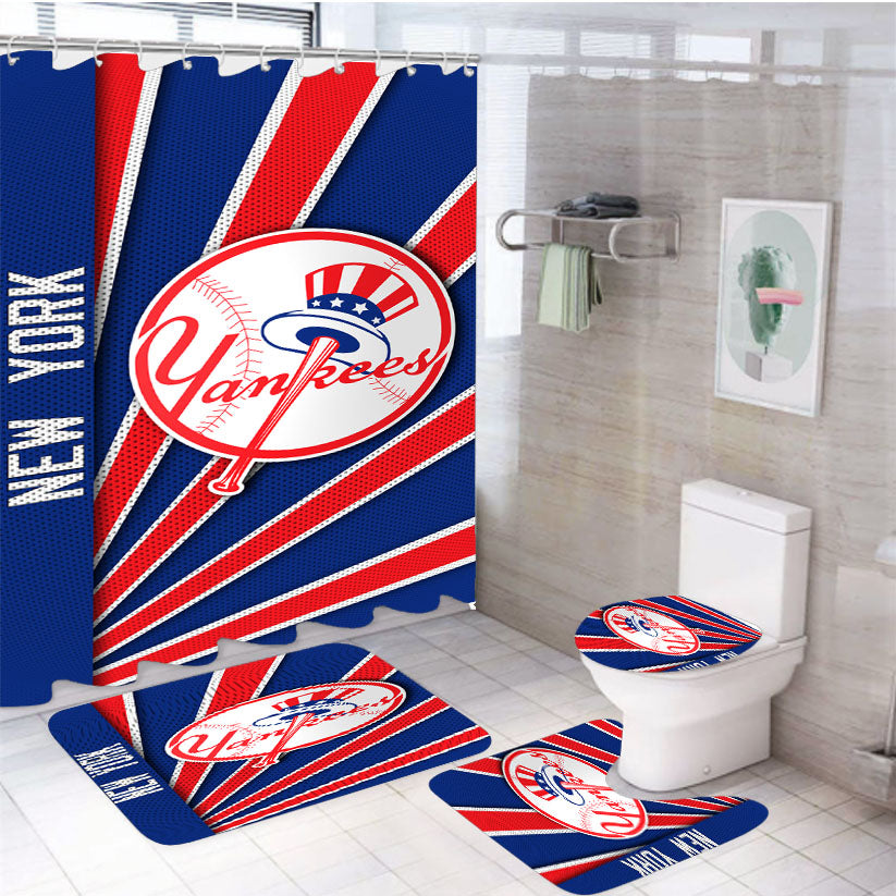 New York Yankees Stripe Wallpaper 4Pcs Bathroom Set Shower Curtain