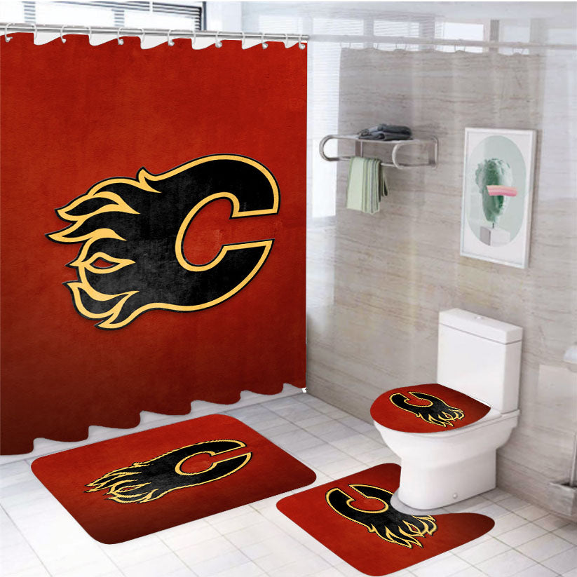 Nhl Calgary Flames Sport Logo 4Pcs Bathroom Set Shower Curtain