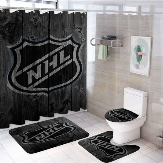Nhl Hockey Logo Dark Wood Wallpaper 4Pcs Bathroom Set Shower Curtain