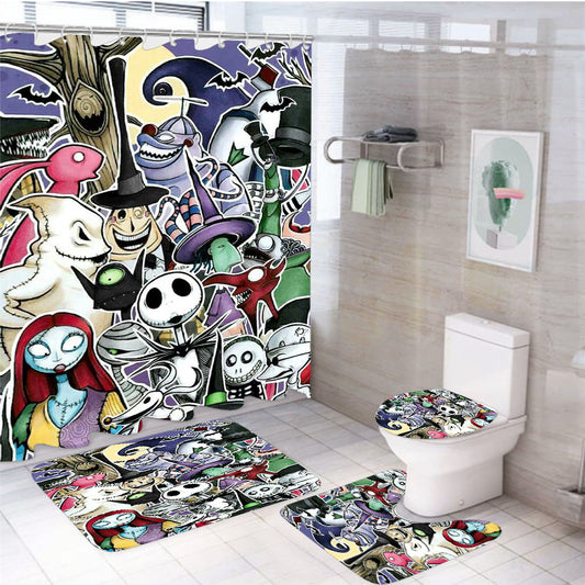 Nightmare Before Christmas Tim Burton All Characters 4Pcs Bathroom Set Shower Curtain