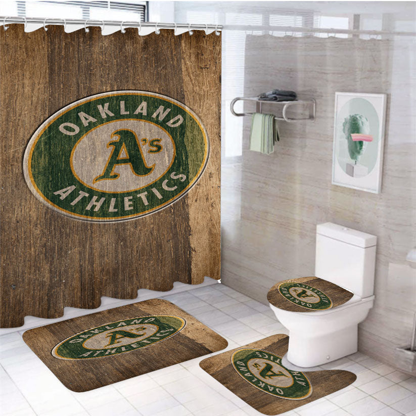 Oakland Athletics Logo Wood 4Pcs Bathroom Set Shower Curtain