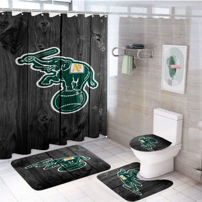 Oakland Athletics Mlb Logo Dark Wood Wallpaper 4Pcs Bathroom Set Shower Curtain