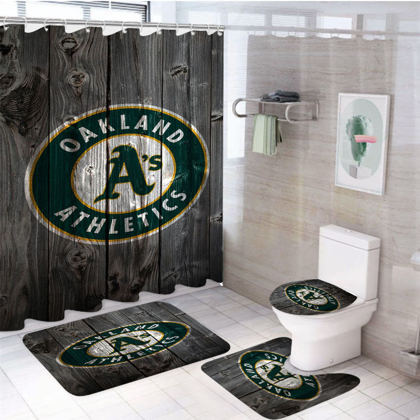 Oakland Athletics Nba Dark Wood Wallpaper 4Pcs Bathroom Set Shower Curtain