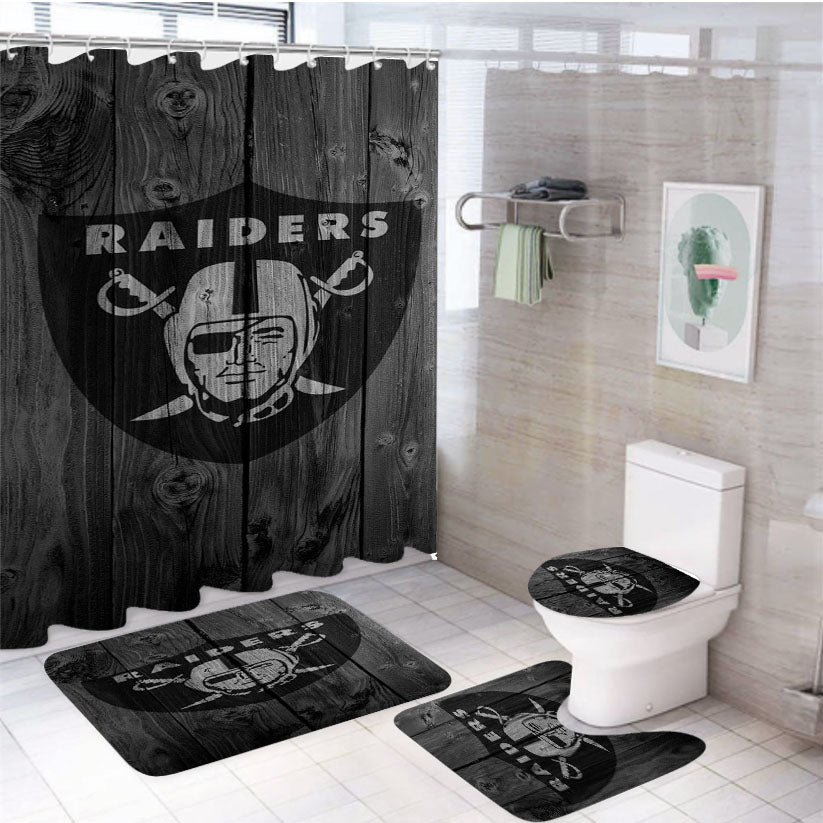 Oakland Raiders Nfl Logo Dark Wood Wallpaper 4Pcs Bathroom Set Shower Curtain